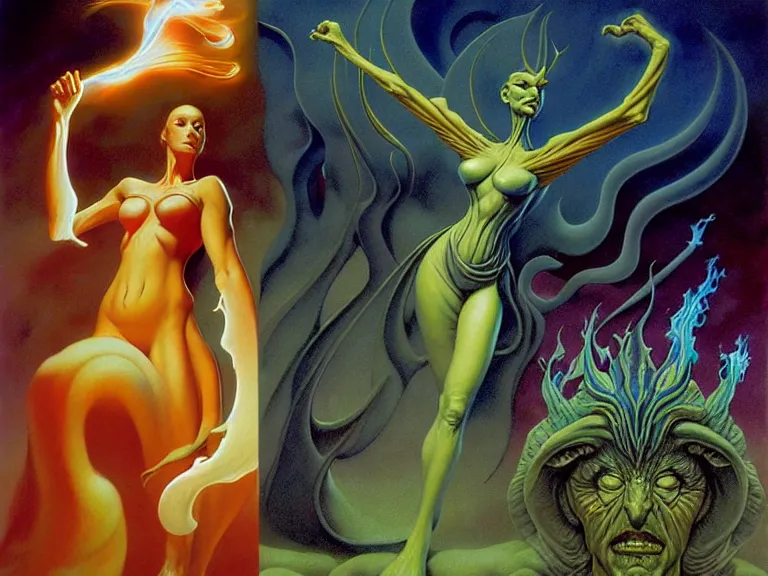 Image similar to the female arcanist and the male artificer by boris vallejo and roger dean and brom and zdzisław beksinski and greg staples and louis janmot, beautiful, flowing magical robe, highly detailed, hyperrealistic, intricate, energy, electric, blue flame, low light, green crystal, high contrast, old and young, lifelike