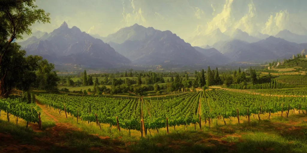 Prompt: A painting of winery. The vineyards are sprawling and green, with a river winding through them. In the distance, there are mountains. by bob ross, Albert Bierstadt, immaculate scale, hyper-realistic, trending on Artstation, 8k, detailed, atmospheric, immaculate