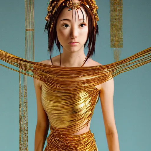 Image similar to An anime female goddess stands for a waist up portrait with her body sightly wrapped in thin gold wire creatively arranged so as to look like Emoji tattoos, in an empty Japanese Shoji home, hyper photo realistic 8K HD HDRI, photo by Annie Leibovitz.