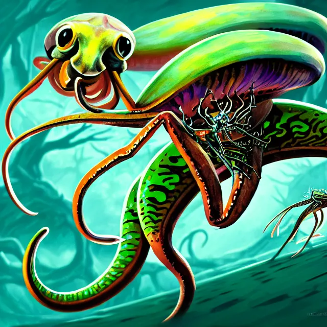 Prompt: a digital illustration of a land - dwelling squid monster with preying mantis claws, magic the gathering card painting, hq scan