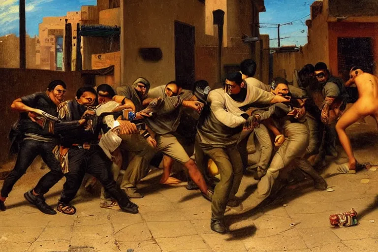 Prompt: hispanic gang members with tattoos in a brawl with knifes and guns in a dark alley in the style of jean - leon gerome