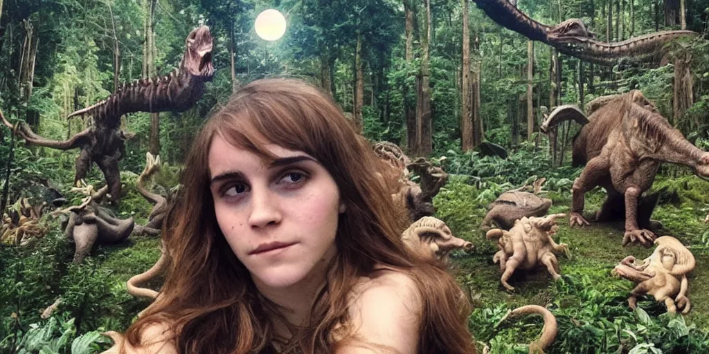 Prompt: photo, hairy fat cave people, emma!! watson!!, looking at camera, surrounded by dinosaurs!, gigantic forest trees, sitting on rocks, bright moon, birthday cake on the ground, front close - up view of her face, selfie, jelly! monster!