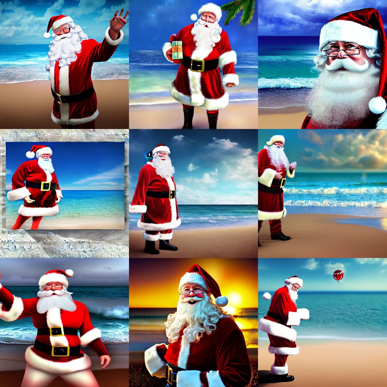 Prompt: ultra realistic digital paiting of santa claus on a beach, epic hero shot