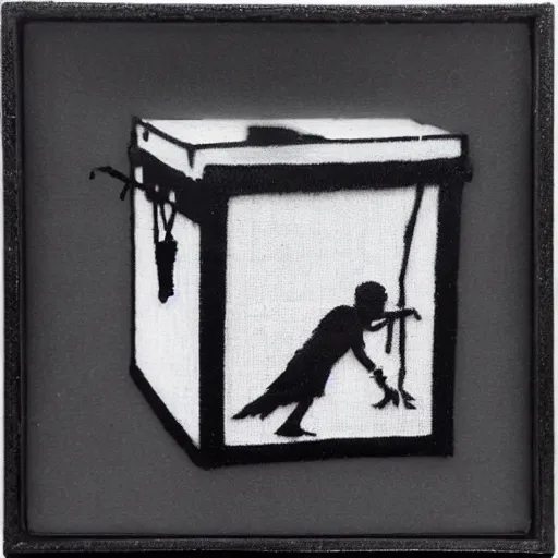 Image similar to banksy graffiti on mysterious black royal embroidered cube, 1 9 9 9 aesthetic