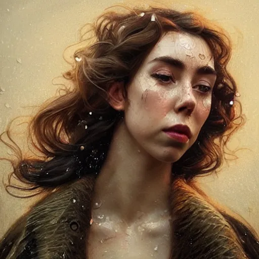 Image similar to stunning photo of vanessa kirby, dark - haired goddess with tears running down her face,, a beautiful closeup, wet lips, perfect eyes, insanely detailed, elegant, by mucha, wlop, rutkowski, livia prima