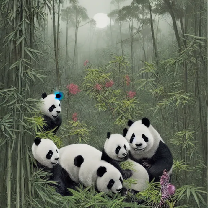 Prompt: family of gigantic pandas with a lot of glass details, a lot of exotic vegetation, trees, flowers, dull colors, in the foggy huge forest, by moebius, junji ito, tristan eaton, victo ngai, artgerm, rhads, ross draws, hyperrealism,