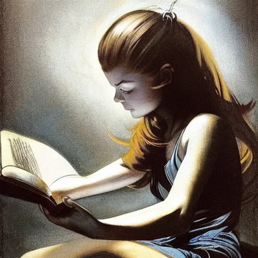 Image similar to a girl reading book, hair flowing down, in the style of Frank Frazetta, Jeff Easley, Caravaggio, extremely clear and coherent, clear lines, 8K revolution