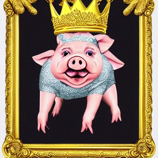 Image similar to pig in a gold crown in the style of garbage pail kids