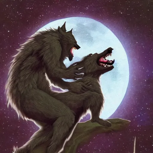 Prompt: werewolf eating the moon, fantasy