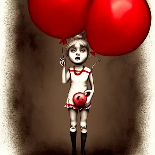 Image similar to surrealism grunge cartoon sketch of a sad little girlwith a wide smile and a red balloon by - michael karcz, loony toons style, horror theme, detailed, elegant, intricate
