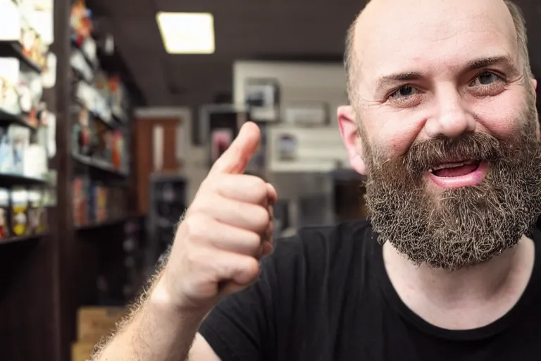 Image similar to balding middle-age man with a beard points towards the camera with dead eyes, an open mouth, and a shelf with funko pops in the background. 35mm photograph. eerie lighting. long shadows.