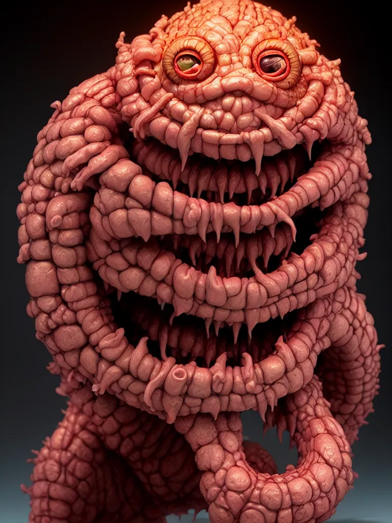 Prompt: hyperrealistic rendering, fat smooth cronenberg flesh monster d & d beholder by donato giancola and greg rutkowski and wayne barlow and zdzisław beksinski, product photography, action figure, sofubi, studio lighting, colored gels, colored background