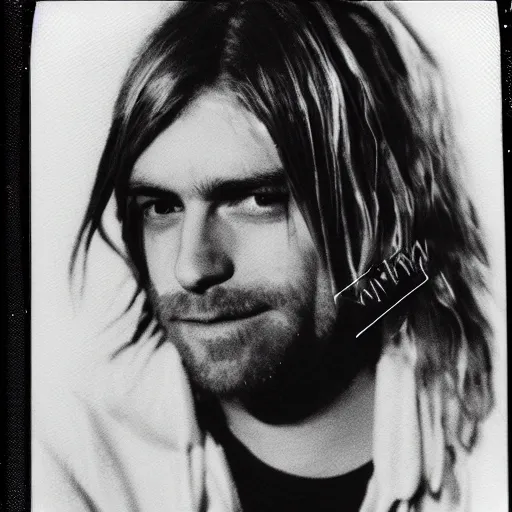 Prompt: polaroid of kurt cobain on a rainy night in seattle, raining! nighttime