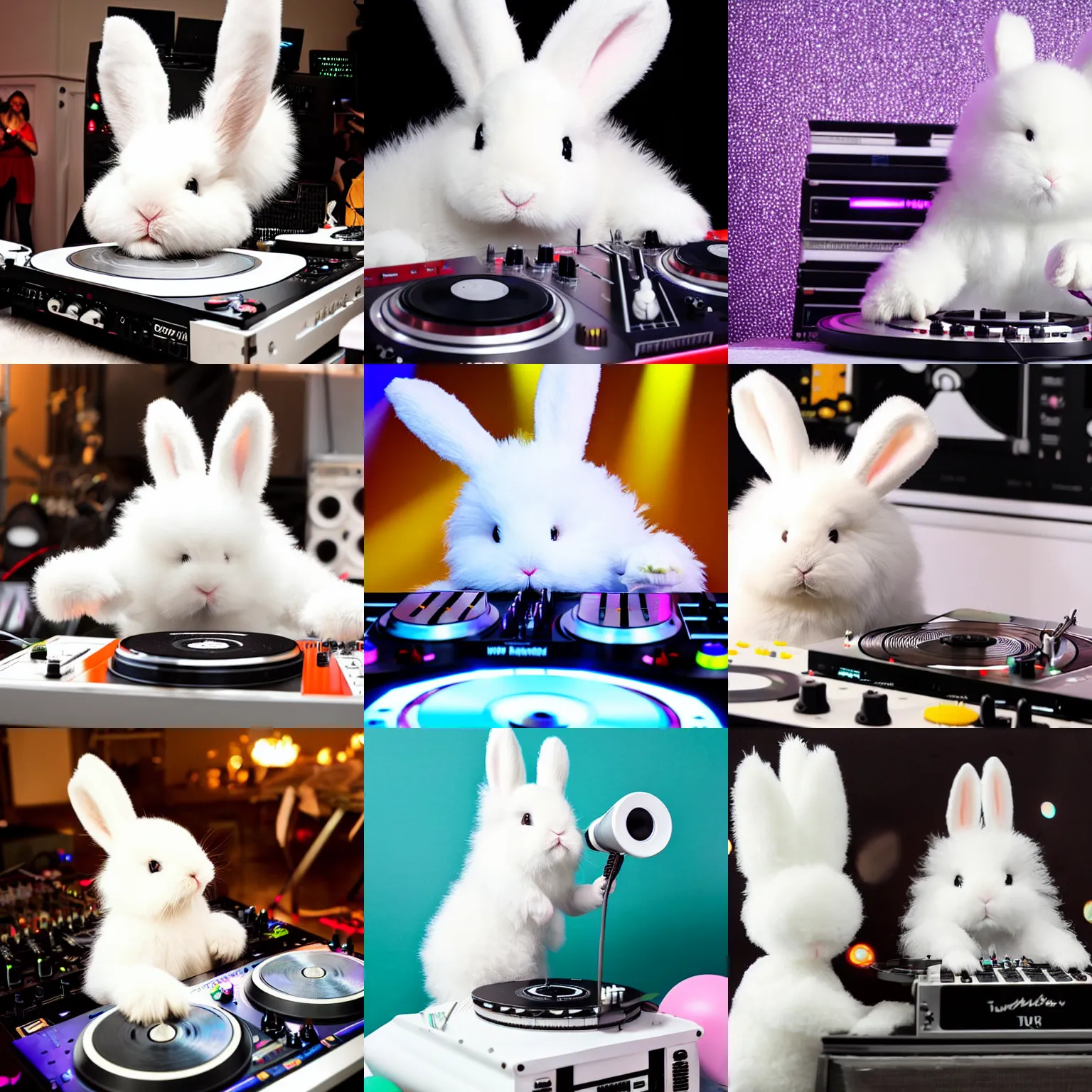 Prompt: super cute fluffy white bunny rabbit DJing with DJ turntables, photoreal