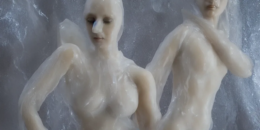 Image similar to beatufull women figure made from wax and wrapped in wet silk, underwater. volumetric lighting