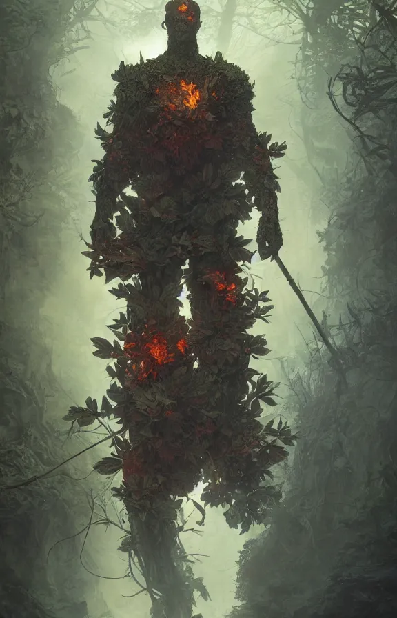 Image similar to a knight among flowers in dark forest surrounded by fire and smoke, moody, rim light, dynamic lighting, cinematic shot, gritty, ultra - detail, renderman, physically based render, jean delville, gustave dore and marco mazzoni