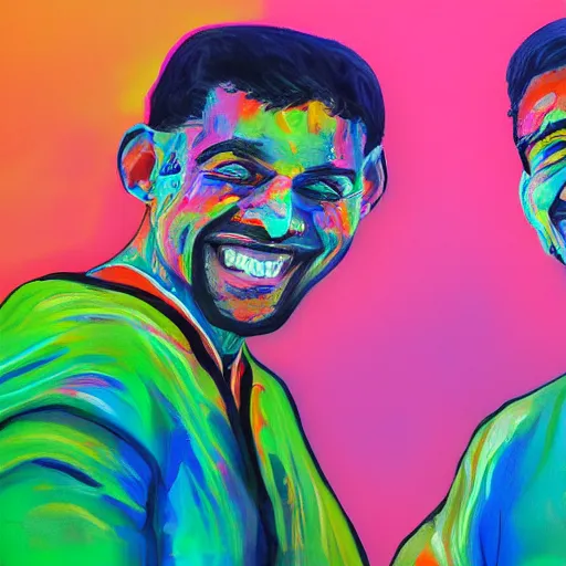 Prompt: landscape, portrait beautiful painting, two men with scarred faces smiling happily while high - fived. fine art, bright colors, trending on artstation, smooth draw, sharp focus, digital art.