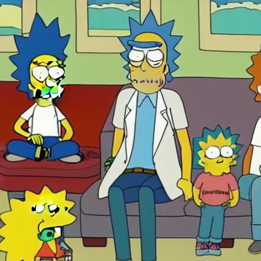 Image similar to Rick & Morty starring in the simpsons couch-gag