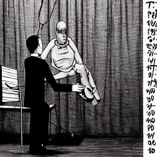 Image similar to person as a marionette being controlled by strings held by depression despair and hatred, illustrated by junji ito