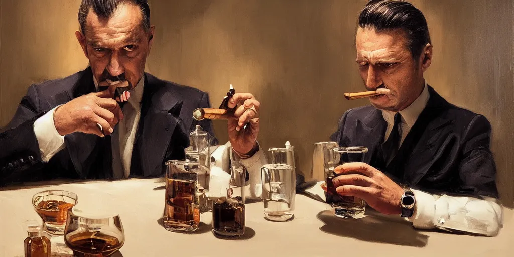 Prompt: beautiful oil matte portrait painting, mafia boss holding a cigar and drinking whiskey at his 5 0 s new york office desk, wonderful masterpiece highly detailed, beautiful cinematic light deep focus, elegant, digital painting, smooth, sharp focus, golden ratio, dramatic illumination, ultra realistic, 8 k, art by jimmy law