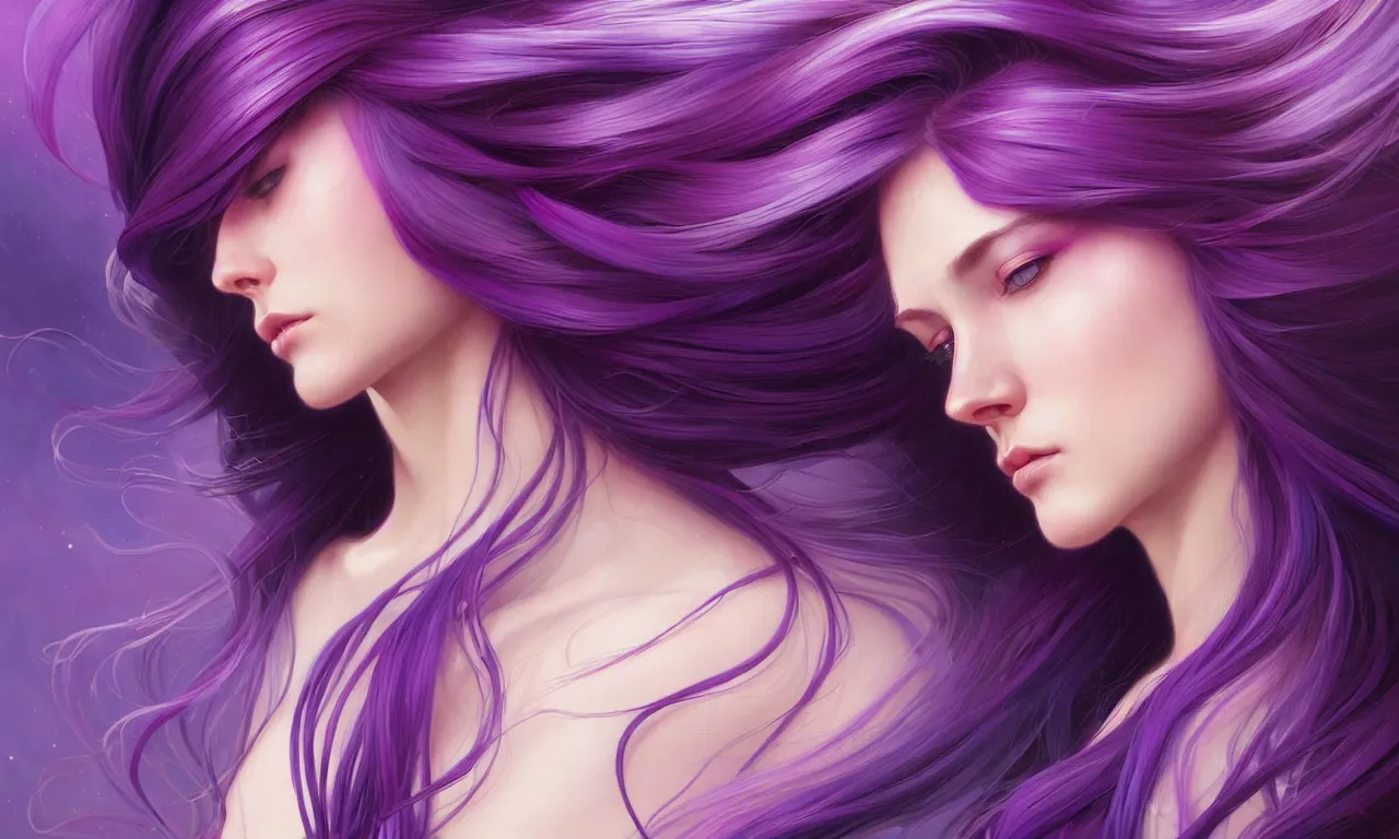 Image similar to Portrait of a woman with bright colored flying hair, all shades of purple. Hair coloring, amber eyes, face, long hair, fantasy, intricate, elegant, highly detailed, digital painting, artstation, concept art, smooth, sharp focus, illustration, art by artgerm and greg rutkowski and alphonse mucha