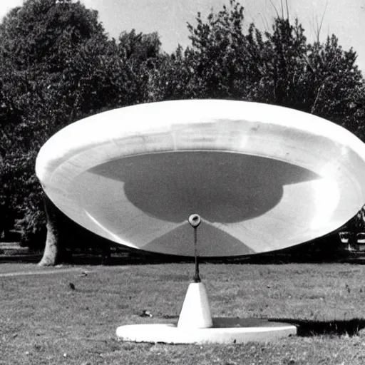 Prompt: an Adamski-style flying saucer landing in a park, 1950s photo