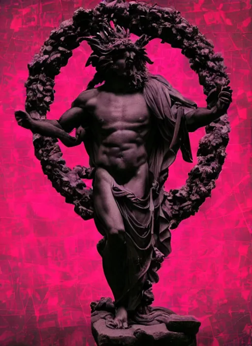 Prompt: elegant dark design poster showing a large greco roman statue of dionysus, black background with very subtle red and purple design elements, bold, powerful, nekro, vito acconci, thin straight purple lines, dark, glitch art, neo vaporwave, gritty, layout frame, square, trending on artstation