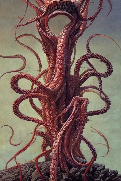 Prompt: an amazing masterpiece of art by gerald brom, Zdzisław Beksiński, tentacles
