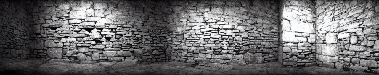 Prompt: Medieval interior empty room with stone walls panorama Holga dark moody greyscale