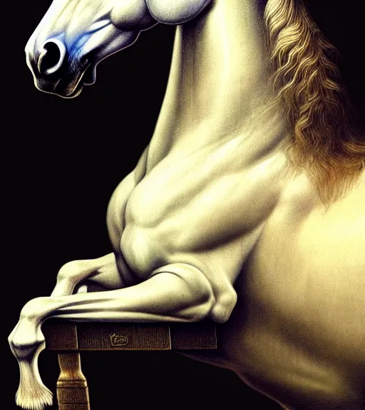 Prompt: portrait of a horse sitting upon a table with heightened detail, poised, intense emotion, detailed facial expression, detailed surroundings, intricate, elegant, highly detailed, centered, digital painting, artstation, concept art, smooth, sharp focus, illustration, by ( leonardo da vinci ), wlop