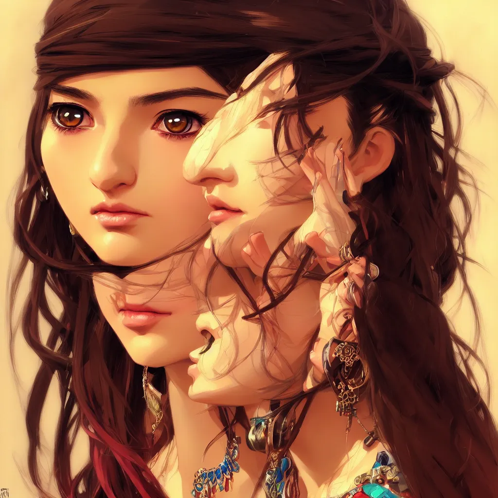 Image similar to a comic portrait of an gypsy girl, fine - face, realistic shaded perfect face, fine details, jewelry, night setting. very anime style. realistic shaded lighting poster by ilya kuvshinov katsuhiro, magali villeneuve, artgerm, jeremy lipkin and michael garmash, rob rey and kentaro miura style, trending on art station