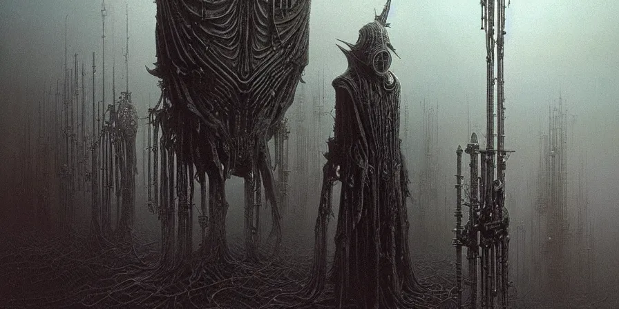 Image similar to Adeptus Mechanicus tech priest, Zdzislaw Beksinski, Wayne Barlowe, Joe Fenton, gothic, biomorphic, amazing details, dystopian, surrealism, cold hue's, warm tone gradient background