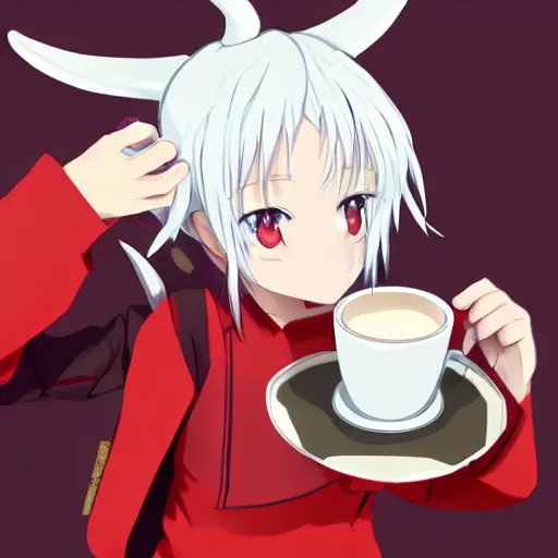 Image similar to white hair, red eyes, two small horn on the head, anime style, anime girl holding a cup of coffee