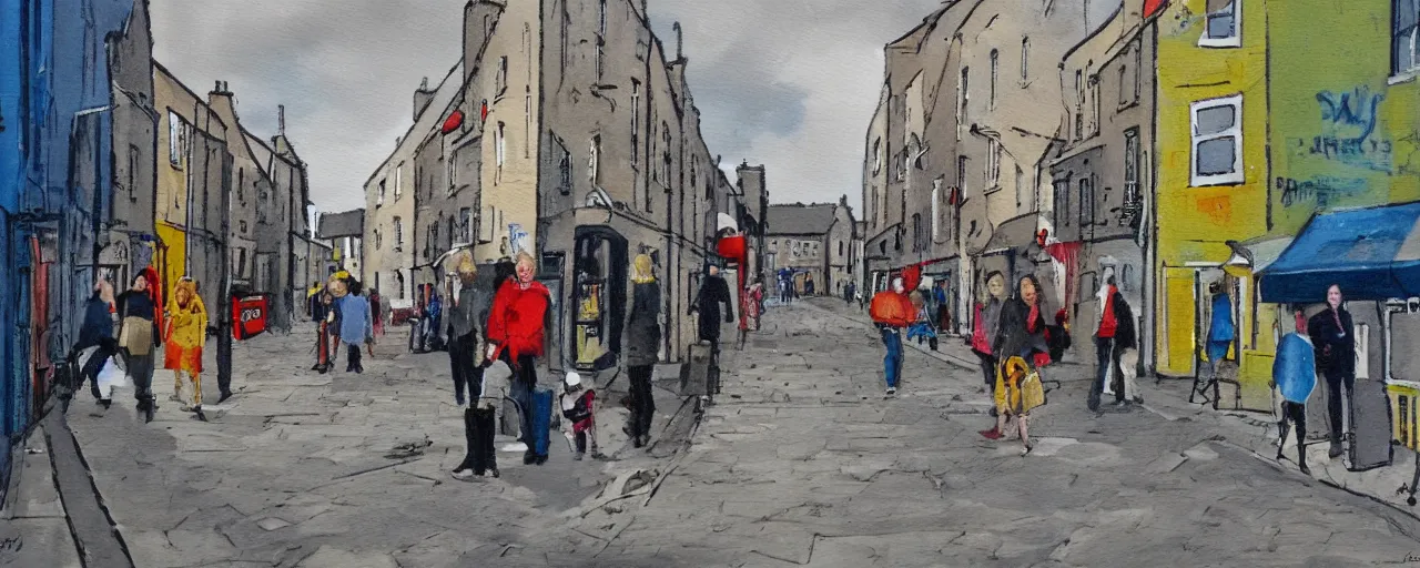 Prompt: a painting of street life in kirkwall orkney, daring, brash, casual, sketched, playful, spontaneous