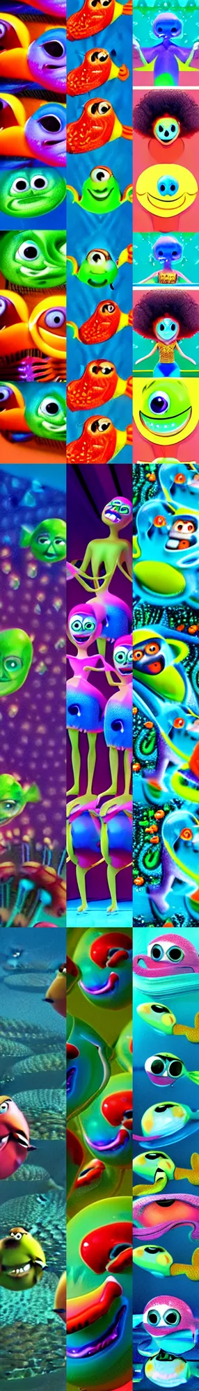 Prompt: a bunch of people dancing underwater, pixar illumination studios animated movie, extremely joyful and eerie smiles, slimy fluid liquid blobs