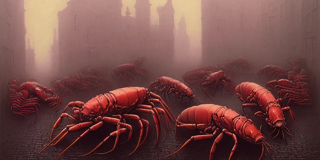 Image similar to painting of lobster like creatures with surrealistic morphed skeletons roaming the streets of Amsterdam, Zdzislaw Beksinski, Wayne Barlowe, Joe Fenton, gothic, cosmic horror, biomorphic, lovecraftian, amazing details, cold hue's, warm tone gradient background