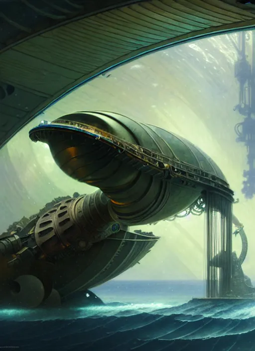 Image similar to epic concept illustration, highly detailed, intricate mechanical design, hard science concept art, underwater nautilus submarine being prepared for launch, by greg rutkowski and alphonse mucha. uhd, cinematic lighting, amazing depth, cinematography by 2 0 1 7