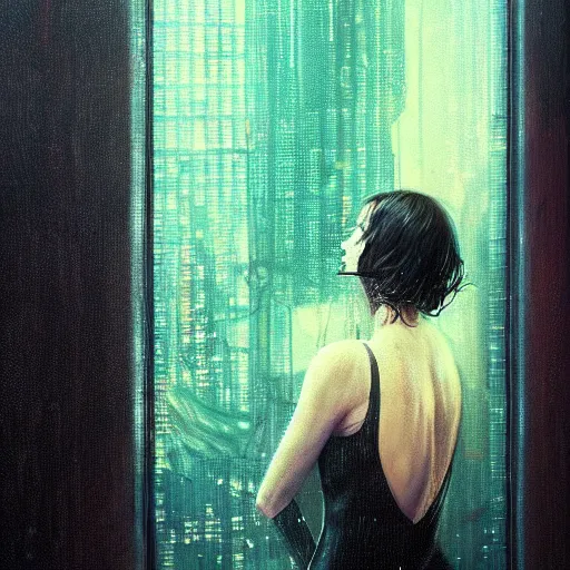 Prompt: detailed portrait of a woman, moment, cyberpunk glass elevator, electronic billboards, tech noir, wet reflections, atmospheric, ambient, livia prima, greg rutkowski, edward hopper, pj crook