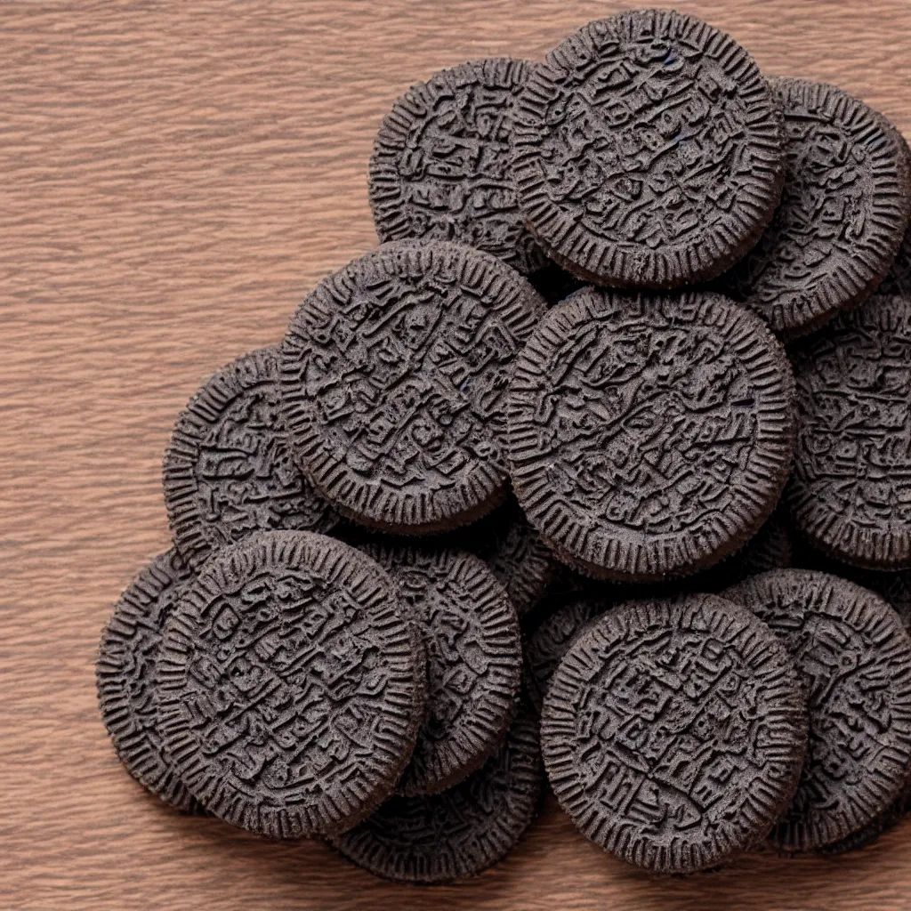 Image similar to close - up view of oreos on top of a wooden table, 8 k, high detail, photorealistic, proper shading