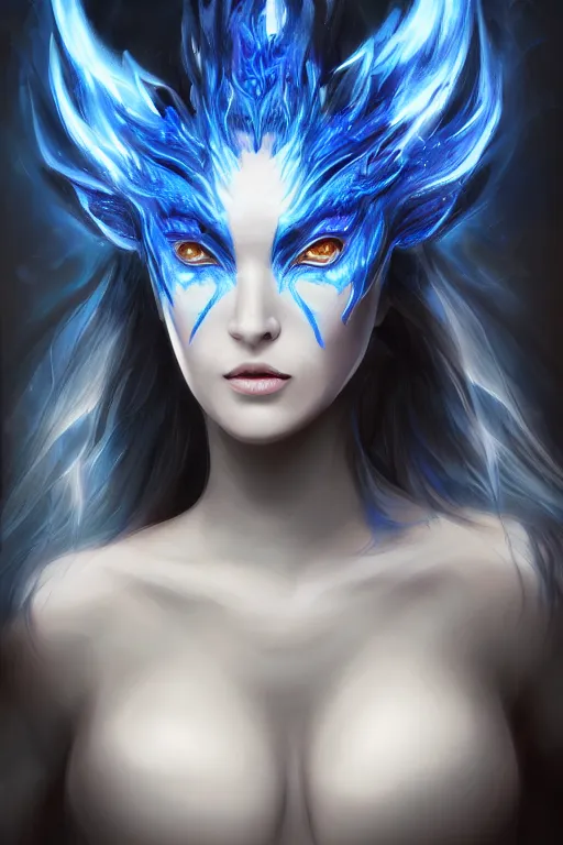 Image similar to blue flame Dragon princess, digital art, 8k ,character ,realistic, portrait, hyperrealistic
