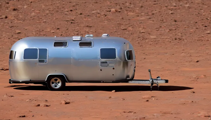 Prompt: professional photograph of an all-glass Airstream Trailer made of glass designed by Buckminster Fuller in a picturesque desert on Mars. The trailer is completely transparent. Astronauts are standing behind it, racking focus, depth of field, extreme panoramic, Dynamic Range, HDR, chromatic aberration, Orton effect intricate, elegant, highly detailed, artstation