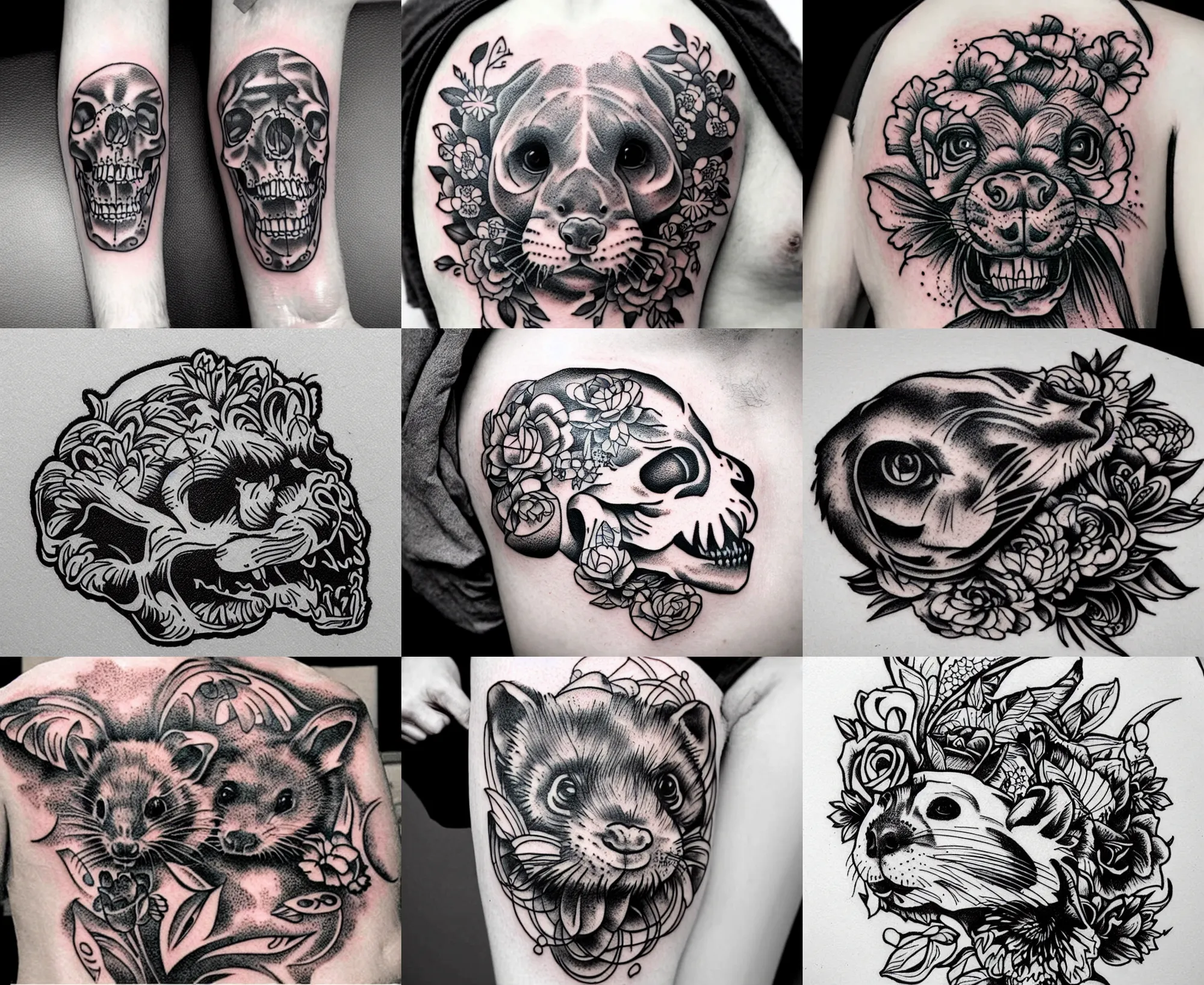 Image similar to detailed amazing tattoo stencil of a floral ferret crawling on a human skull