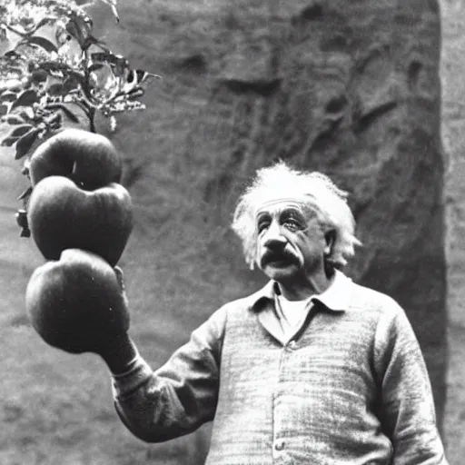 Prompt: albert einstein holding a giant apple