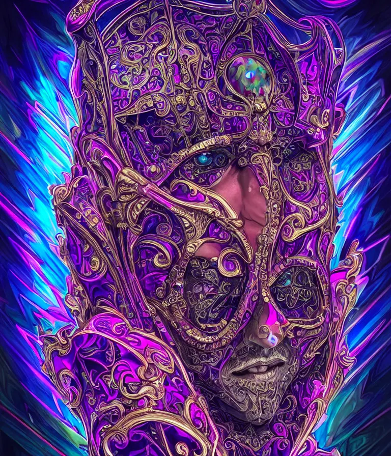 Image similar to front!!! shot of a court jester!!! character, hyperdimensional, bioluminescent hypercubes, dark holography!!!, sunset psychedelic, chrome, (((intricate))), elegant, highly detailed, centered, (((artstation, concept art, smooth, sharp focus, artgerm, Tomasz Alen Kopera, Peter Mohrbacher, donato giancola, Joseph Christian Leyendecker, WLOP, Boris Vallejo))), mugshot!!!!!, ugly!!!!!!, octane render, nvidia raytracing demo, octane render, nvidia raytracing demo, octane render, nvidia raytracing demo, grainy, muted, 8K, digitalblasphemy, metatron