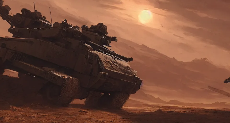 Prompt: an image of an armored vehicle in the night desert with big weapon on by Paul Chadeisson, atmospheric, planet landscape, concept art, high detail, intimidating , cinematic, Sci-fi, blue headlights, Artstation trending, octane render