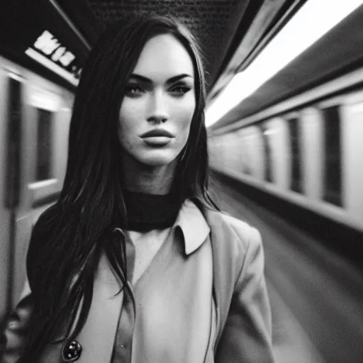 Image similar to fujifilm superia photo portrait of megan fox in the london subway, gloomy, grainy