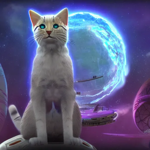 Prompt: Stellaris feline portrait, ringworld arcology background