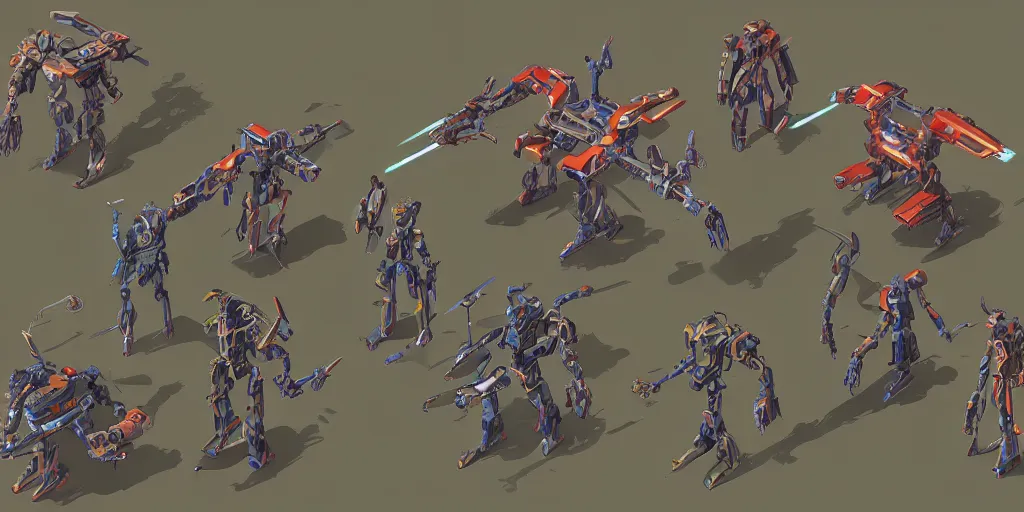 Image similar to isometric mecha character design, idle, colored, sprite, pc game, sideview, art by moebius and greg rutkowski.