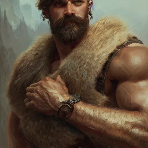 Image similar to portrait of a rugged ranger, muscular, upper body, hairy torso, D&D, fantasy, intricate, elegant, highly detailed, digital painting, artstation, concept art, matte, sharp focus, illustration, art by Artgerm and Greg Rutkowski and Alphonse Mucha