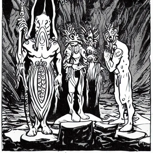 Prompt: Fish men worship a statue of Cthulu in a dark cave. D&D. Pen and ink. Black and white. Mike Mignola, Larry Elmore, Peter Mullen.